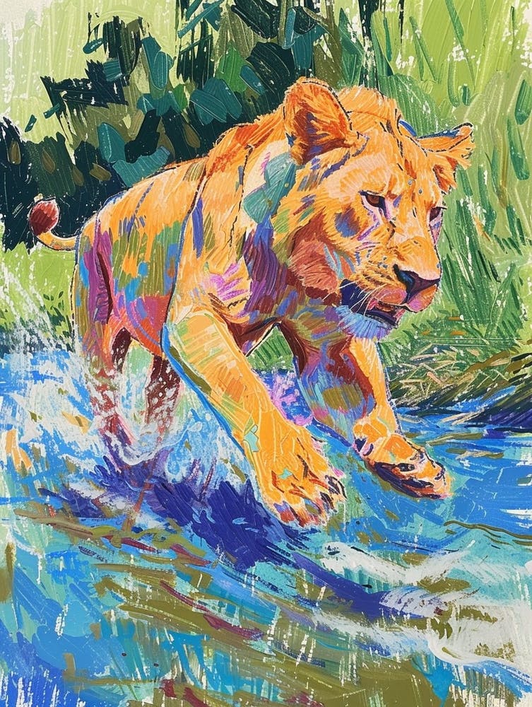 Transvaal Lion Crossing A River Fauvist Painting 3