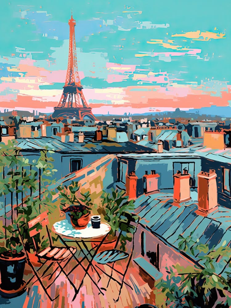 Rooftop Of Paris Eiffel Tower Travel Housewarming France Painting