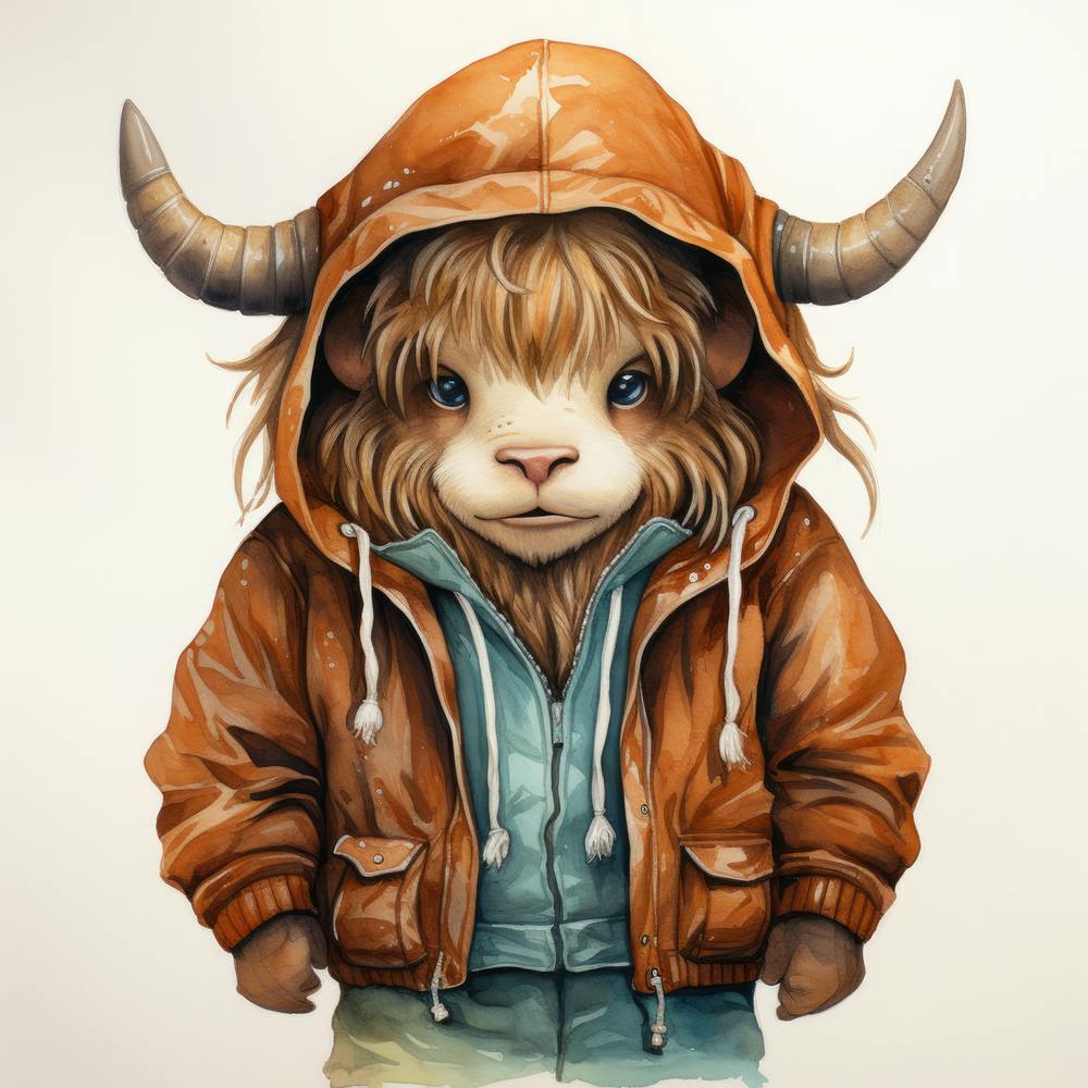 Watercolour Cartoon Yak In A Hoodie 3