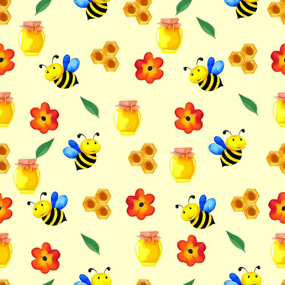 Seamless Honey Bee Texture Flowers Nature Leaves Honeycomb Hive Beekeeping Watercolor Pattern