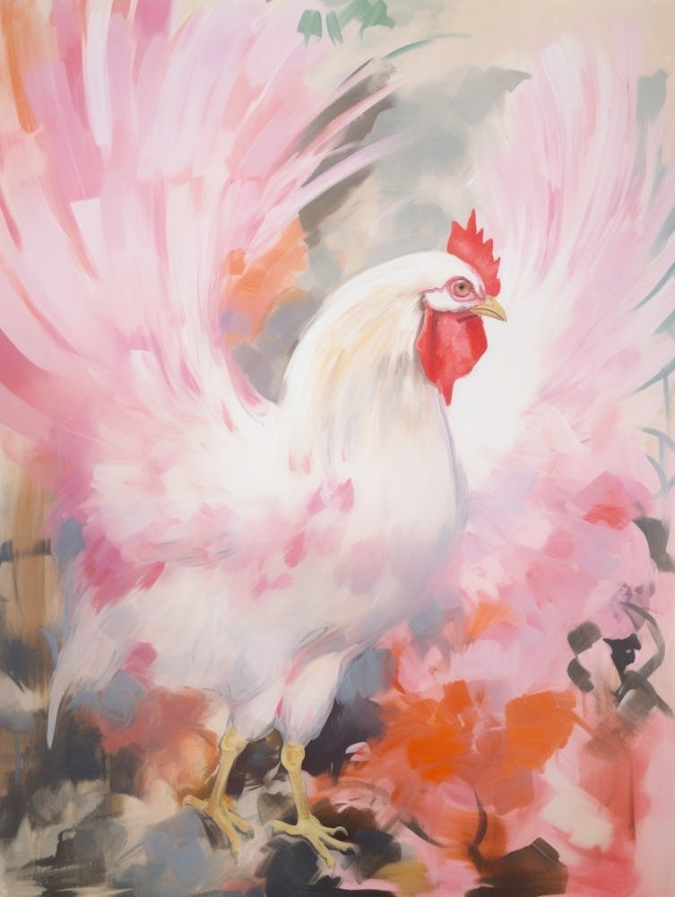 Peinture d'Oiseau Éthéré Rose Coq 1