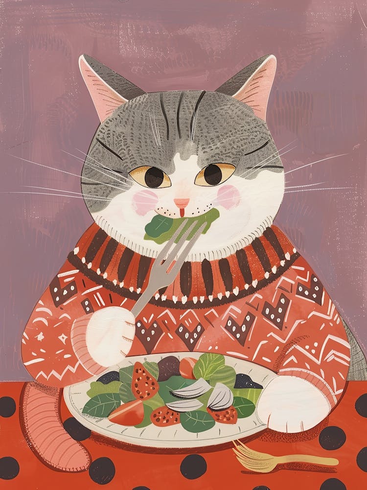 Cute Grey Cat Eating Salad Folk Illustration 4