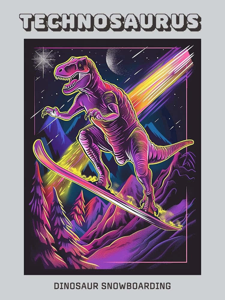 Neon Dinosaur Snowboarding Poster