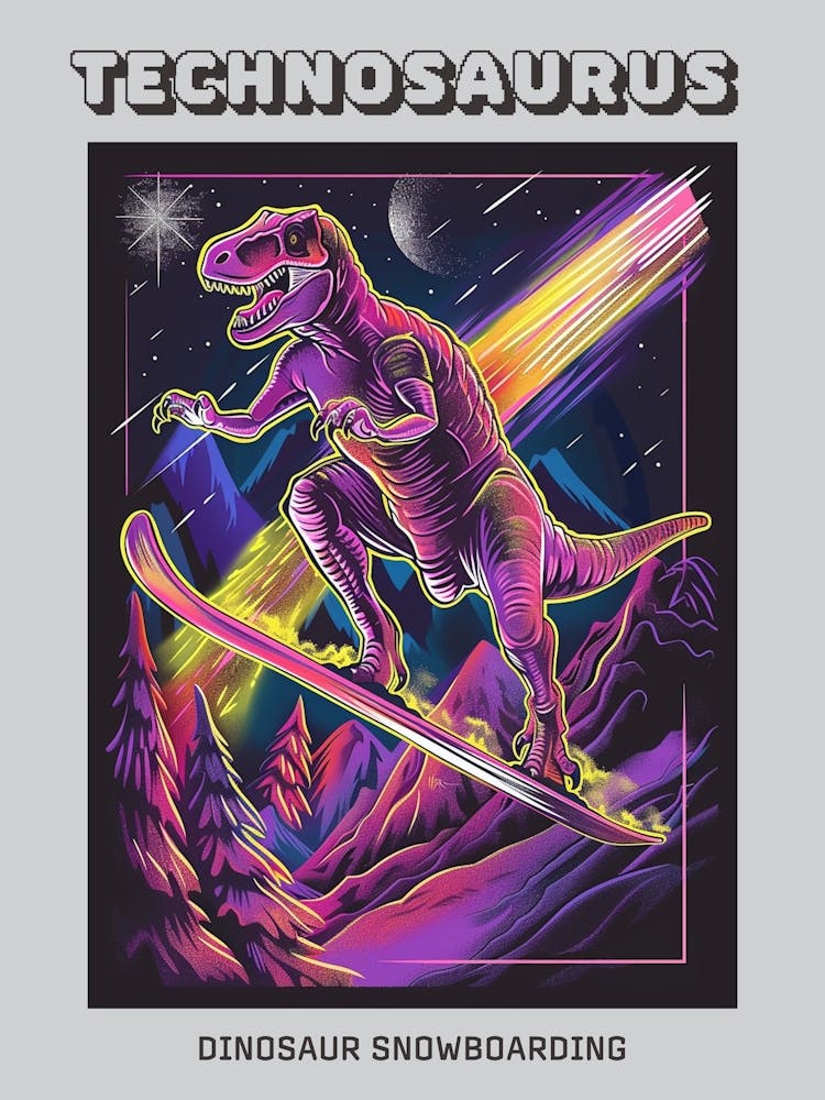 Neon Dinosaur Snowboarding Poster