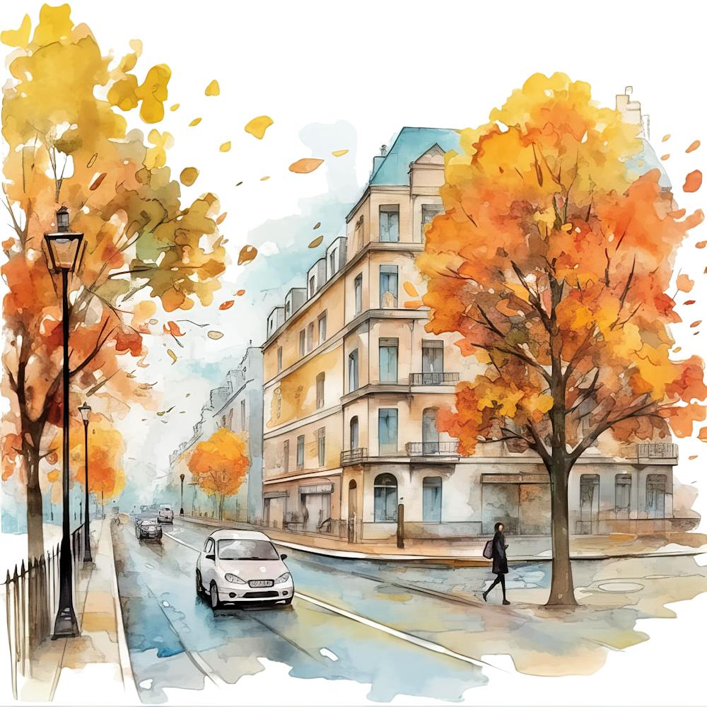 Watercolor Autumn Street In Paris