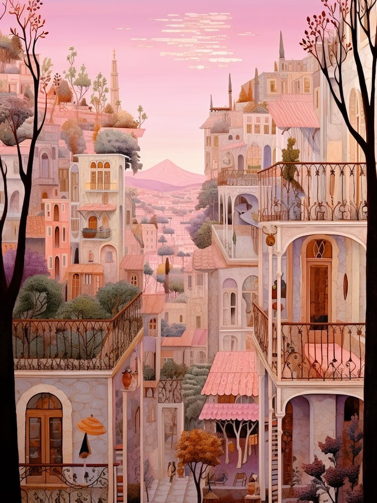 Haifa Israel 1 Vintage Pink Travel Illustration