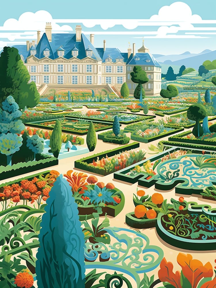 Chateau De Villandry Gardens France Modern Illustration 3