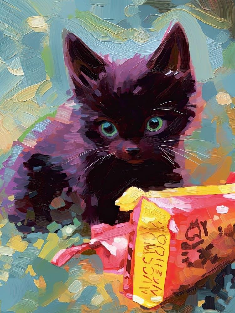 A Black Cat Kitten Oil Painting 6