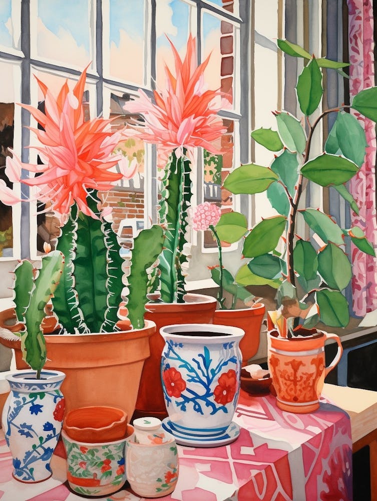 Cactus Painting Maximalist Still Life Christmas Cactus 1