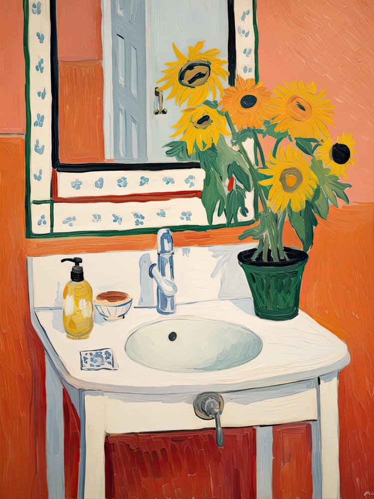 Badezimmer-Waschtisch Gemälde Mit Einem Sonnenblumenstrauß 3
