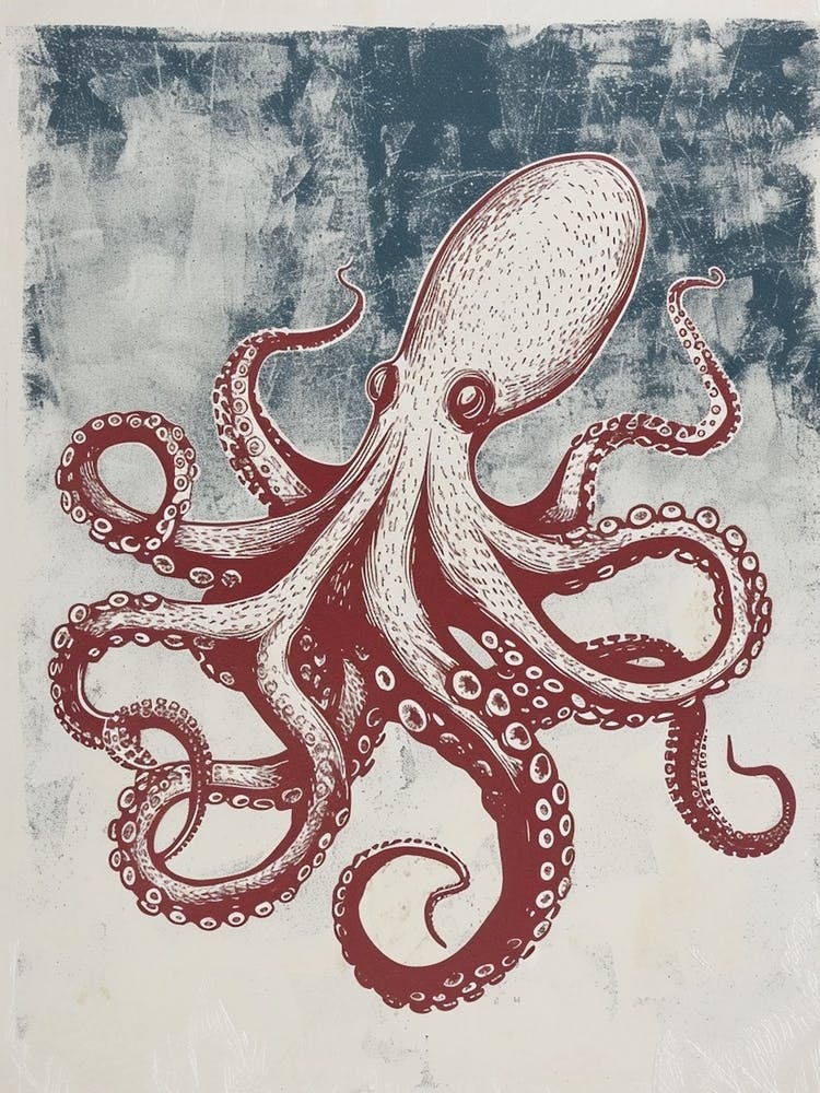 Red Octopus In The Ocean Linocut Inspired  4