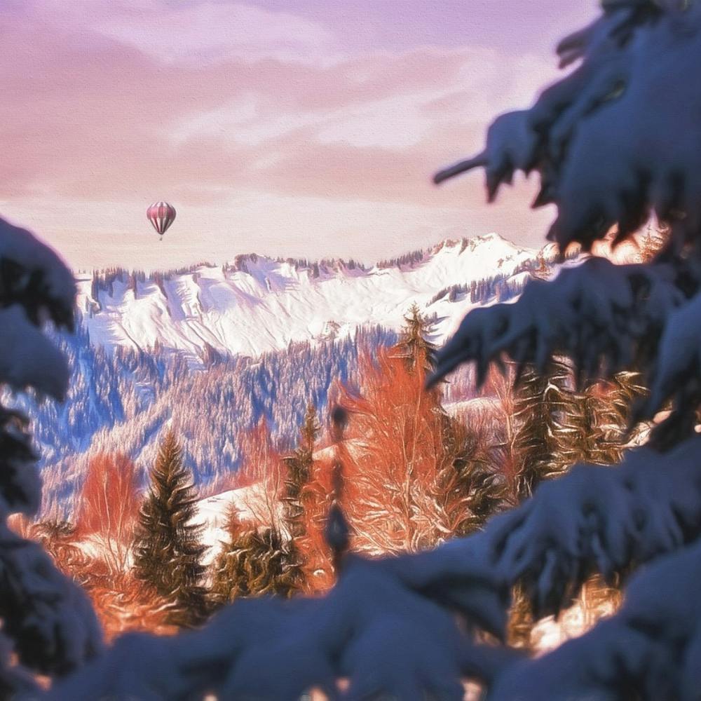 Snowy Mountain Landscape With Hot Air Balloon