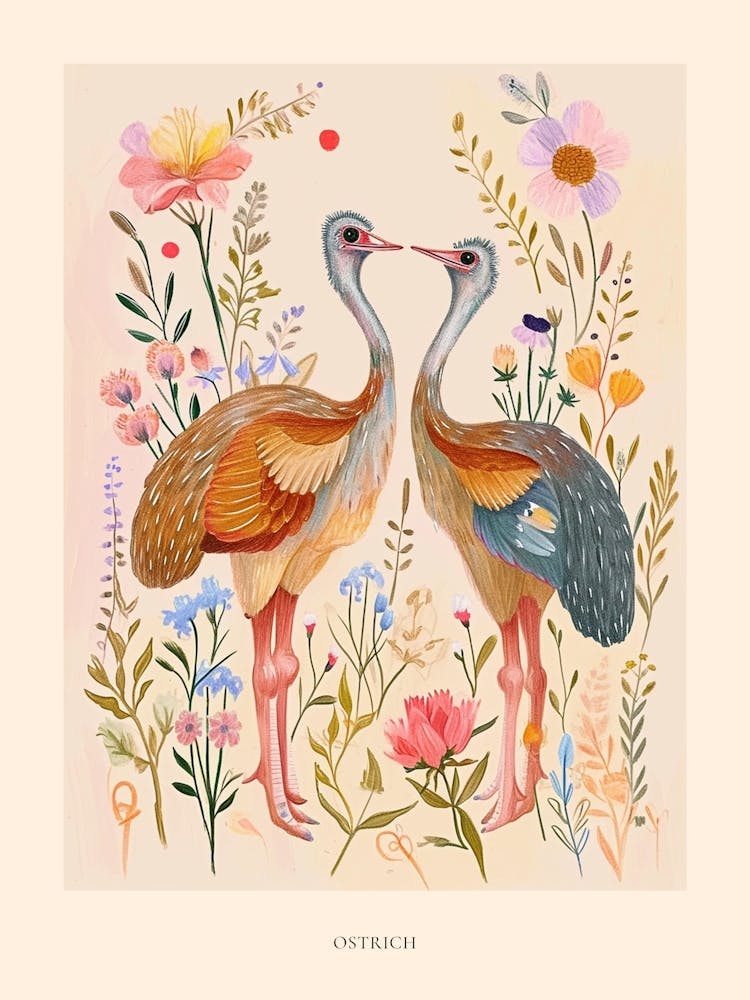 Folksy Floral Animal Drawing Ostrich 3 Poster