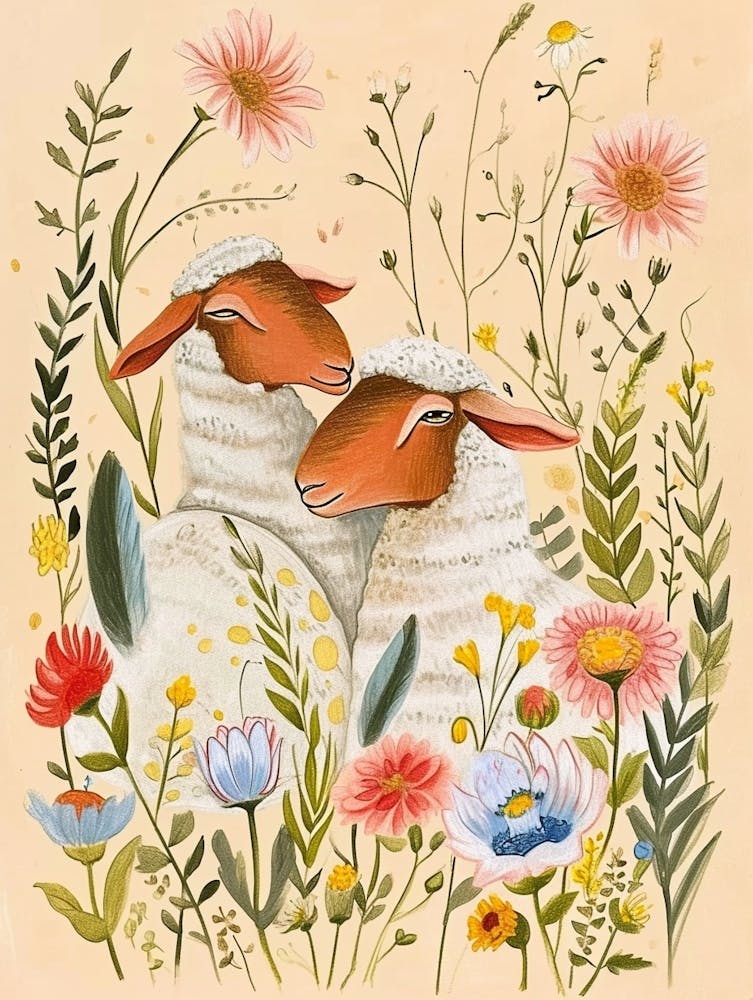 Folksy Floral Animal Drawing Sheep