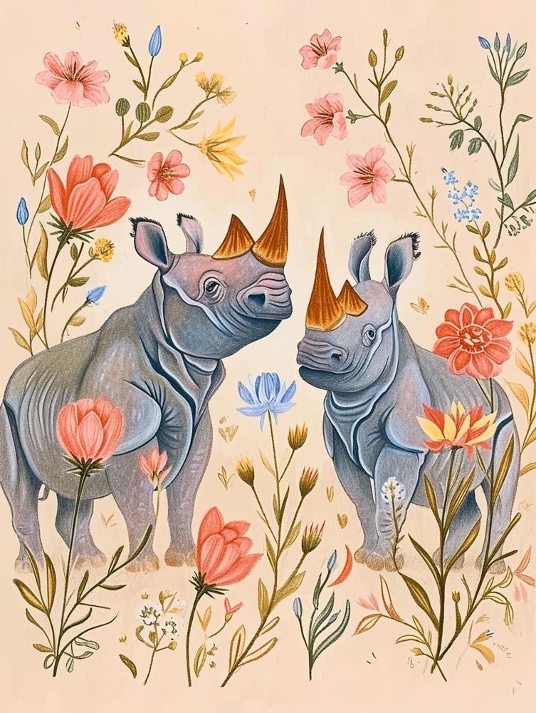 Folksy Floral Animal Drawing Rhino 3