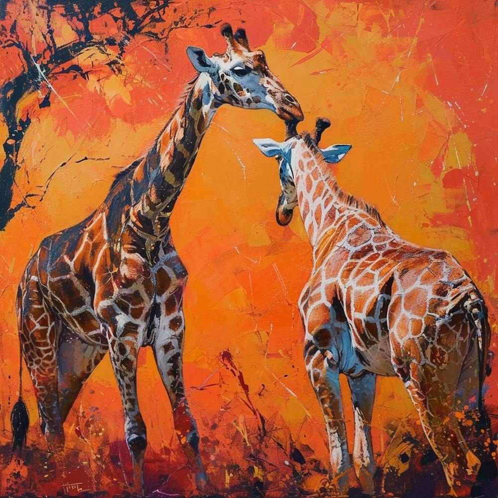 Giraffes Eating Tree Branches Brushstroke 1