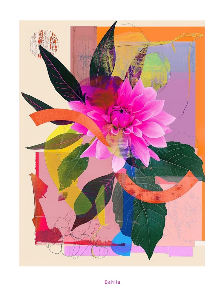 Dahlia 1 Neon Flower Collage Poster