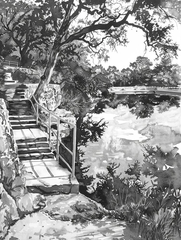 Hamilton Pool Preserve Austin Texas Black And White Watercolour 2
