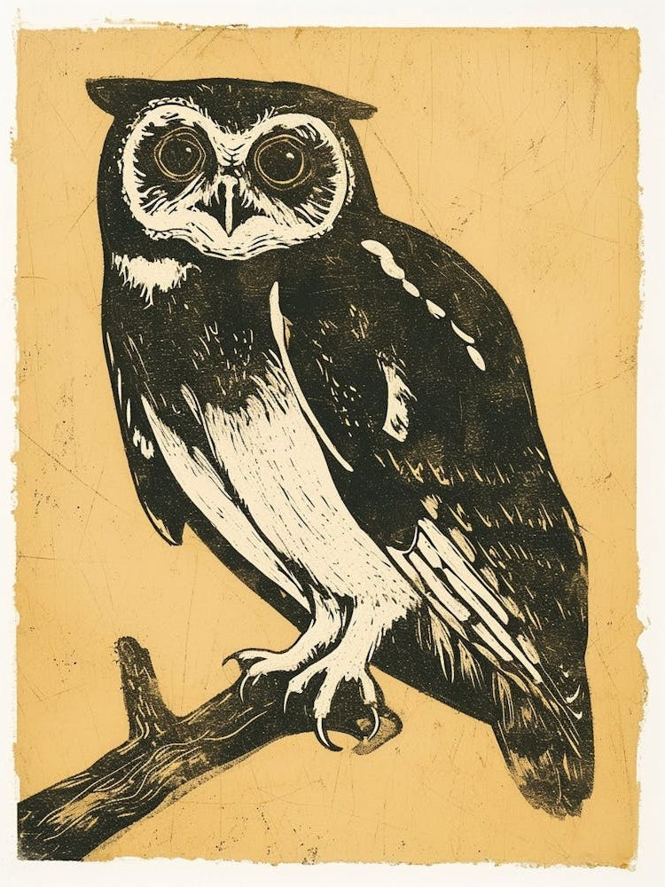 Spectacled Owl Linocut Blockprint 1