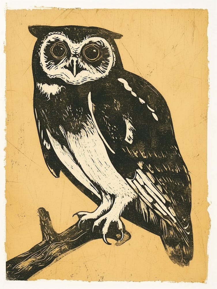 Spectacled Owl Linocut Blockprint 1
