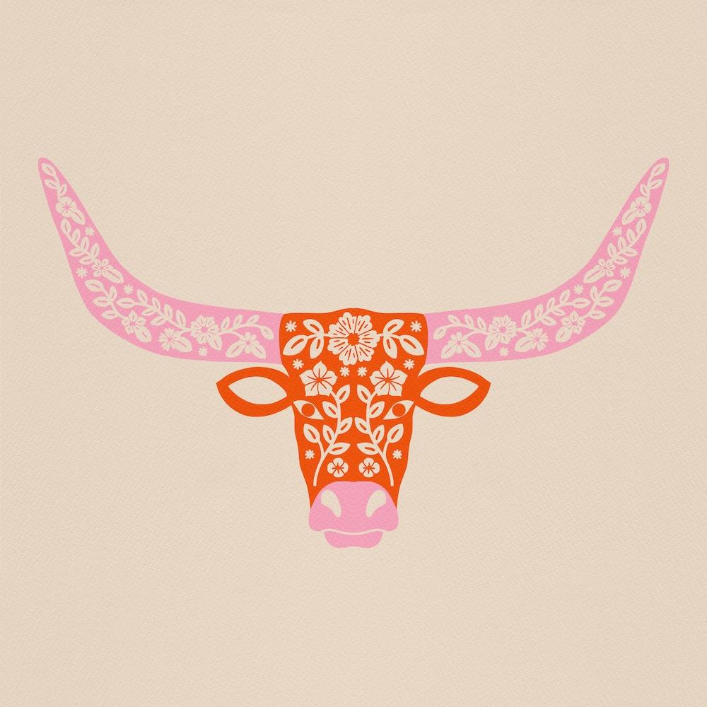 Longhorn Floral Rose et Orange - Carré