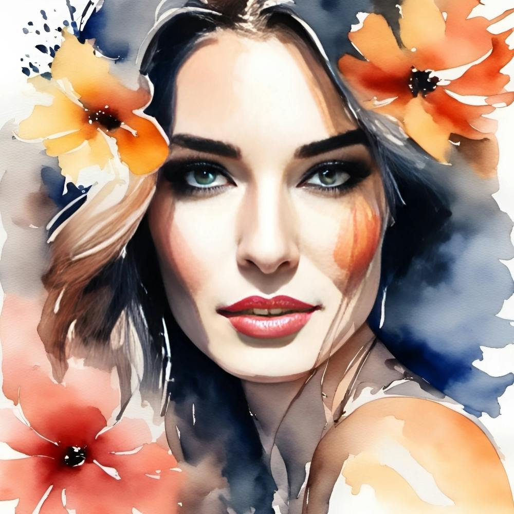 Watercolor Portrait Of A Woman With Flowers