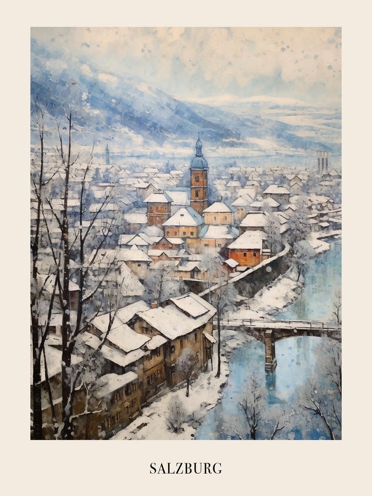 Vintage Winter Painting Poster Salzburg Austria 3