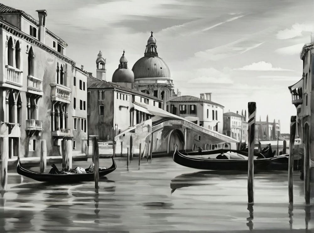 Gondolas on the Gran Canal in Venice, Italy. AI generated in black and white. 1