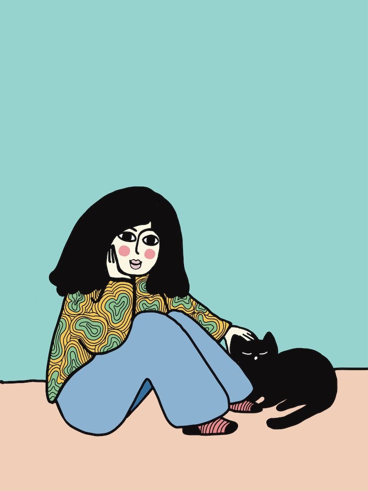 Girl And Black Cat