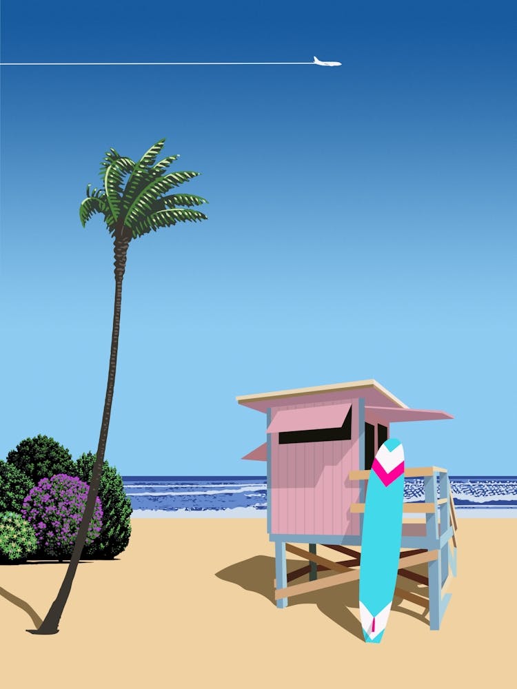 California, USA. Surf beach — City Pop art, retrowave/vaporwave poster, 80s, aesthetic poster