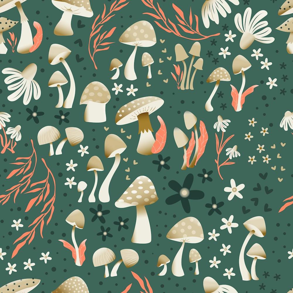 Mushrooms And Flowers On Green Square