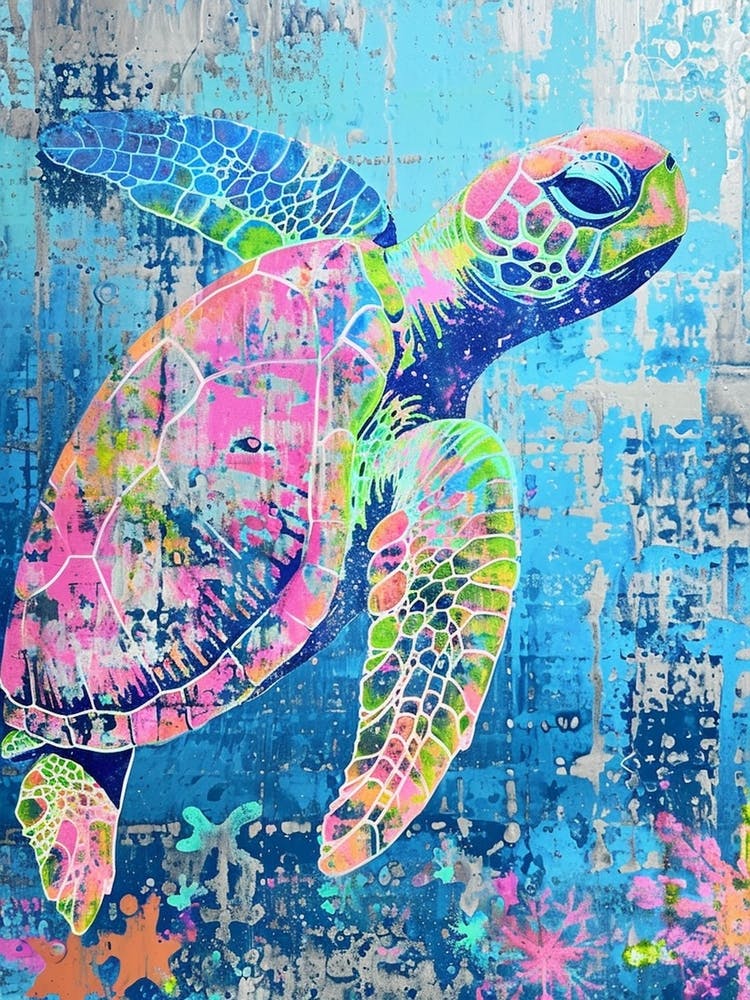 Pink Green Blue Sea Turtle Textured Painting