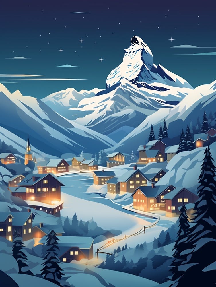 Winter Travel Night Illustration Zermatt Switzerland 1