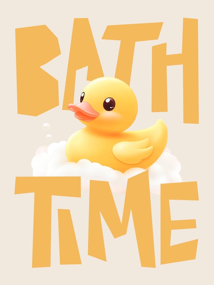 Cute Rubber Duck Pastel Bathroom Art for Kids, Yellow Bath Time Poster Rubber Ducky Wall Print for Nursery or Playroom, Funny wall art for Bathroom Decor