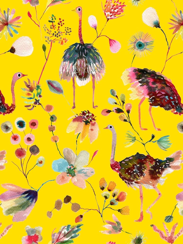 Ostriches And Floral Yellow