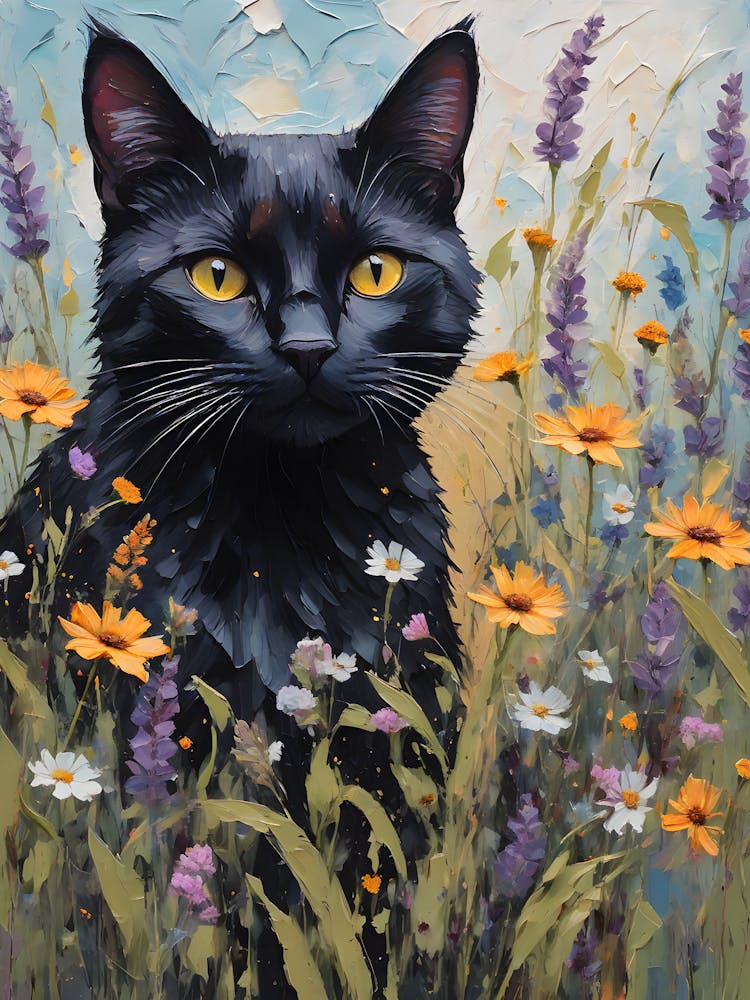 Black Cat Amongst the Wildflowers - Oil and Palette Knife Painting of A Beautiful Black Cat Sitting Among the Summer Flowers - Kitty, Cat Lady, Pagan, Feature Wall, Witch, Fairytale Tarot Bastet Colorful Painting in HD