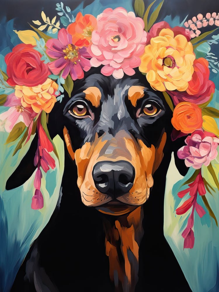 Doberman Pinscher Portrait With A Flower Crown, Matisse Painting Style 4