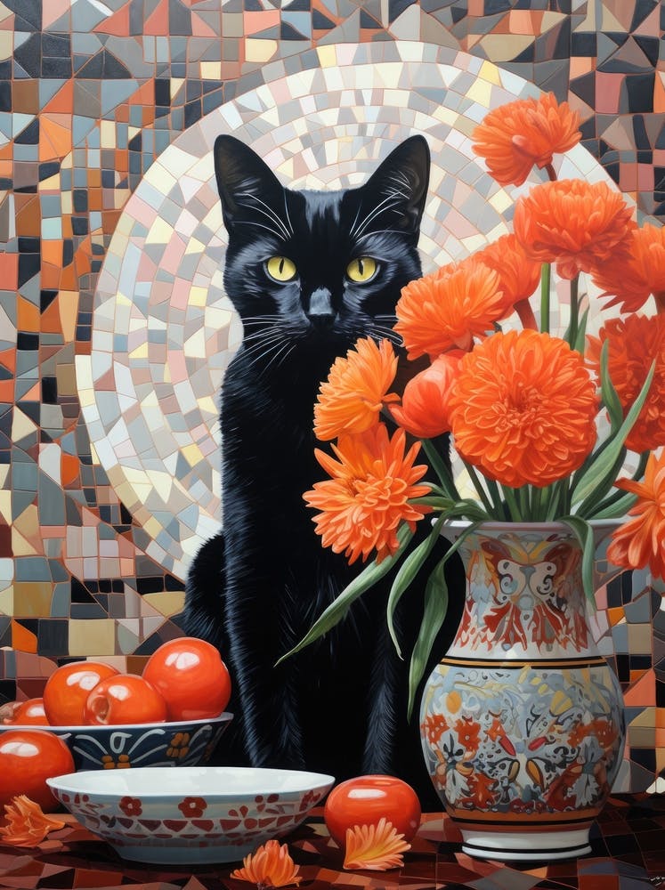 Black Cat With Orange Flowers 2