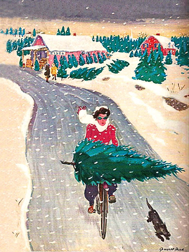 Woman With A Christmas Tree On Her Bike Riding Through The Snowy Village Road
