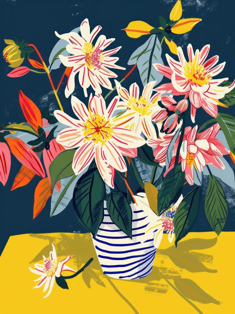 Dahlia Flowers On A Table   Contemporary Illustration 2