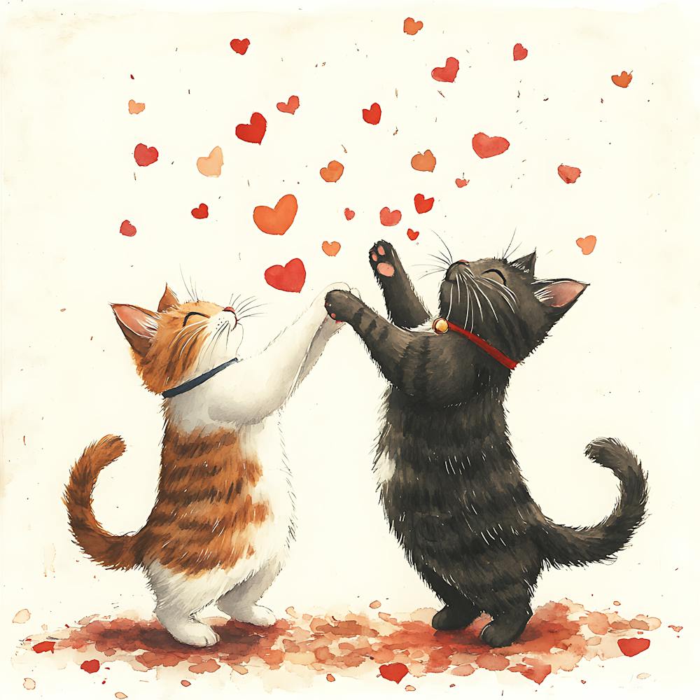 Dancing Cats Under Falling Heart