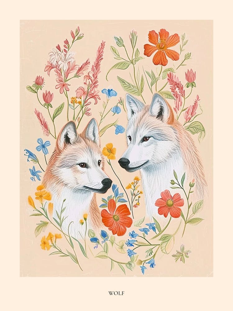 Folksy Floral Animal Drawing Wolf Poster