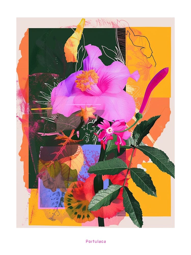Portulaca 4 Neon Flower Collage Poster