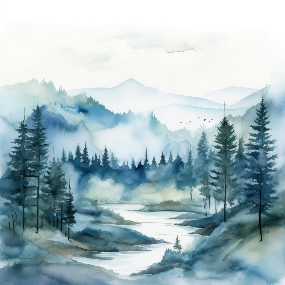 Aquarell-Landschaft mit Bäumen und Fluss