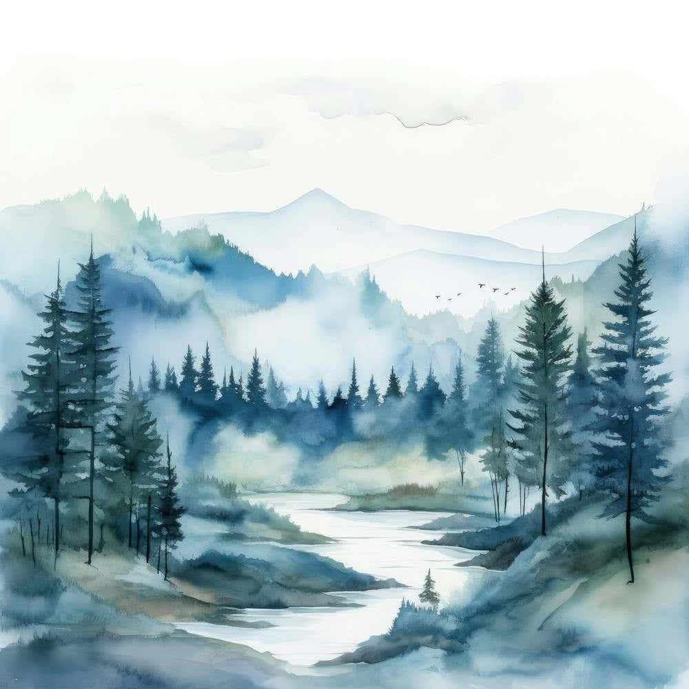 Watercolor Landscape With Trees And River