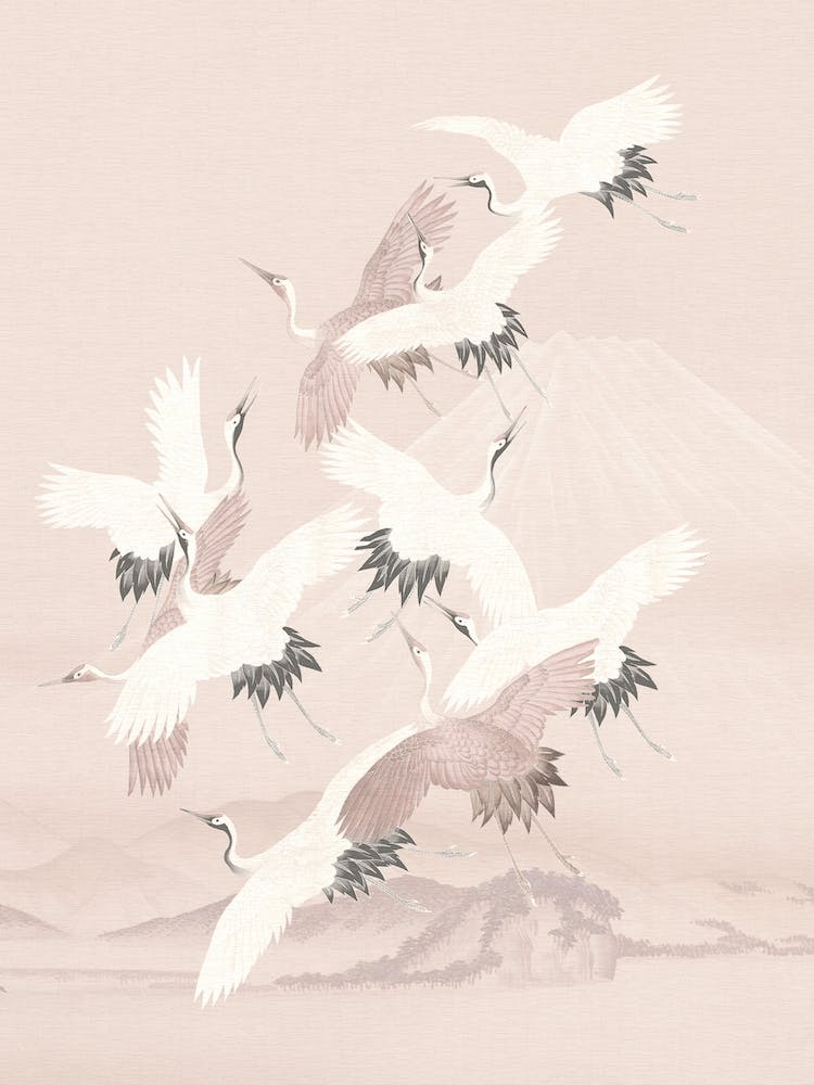Vintage Japanese Egret Birds Flight Pastel Blush