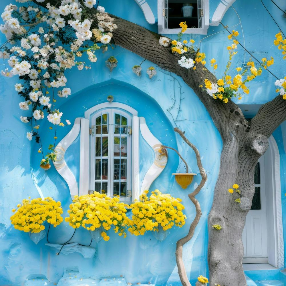 Blue House With Yellow Flowers