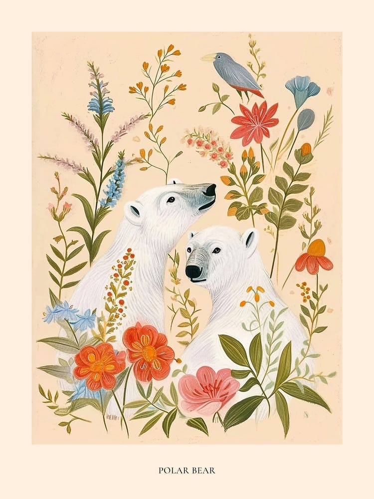 Folksy Floral Animal Drawing Polar Bear 3 Poster