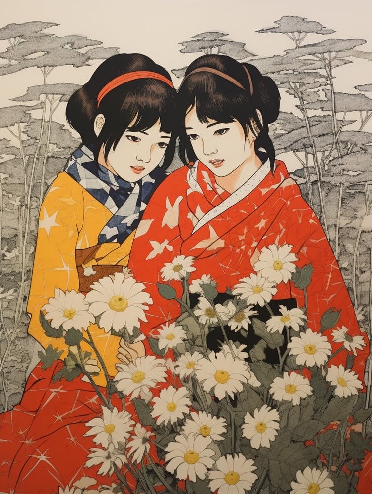 Hanagasa Japanese Florist Daisy 2 Vintage Botanical Woodblock