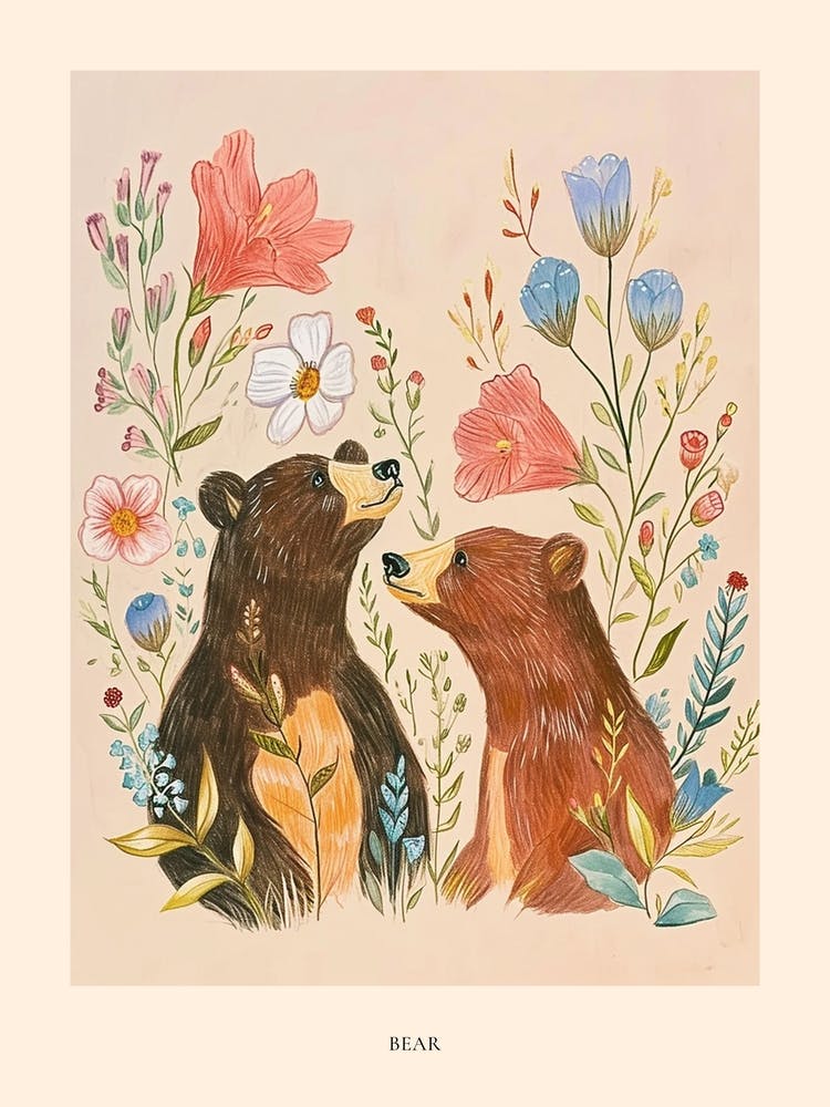 Folksy Floral Animal Drawing Bear Poster